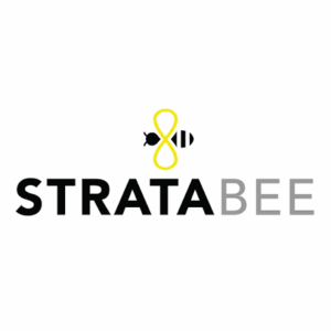 StrataBee logo: black 'STRATA' with gray 'BEE' and a yellow infinity loop with a bee silhouette above it.