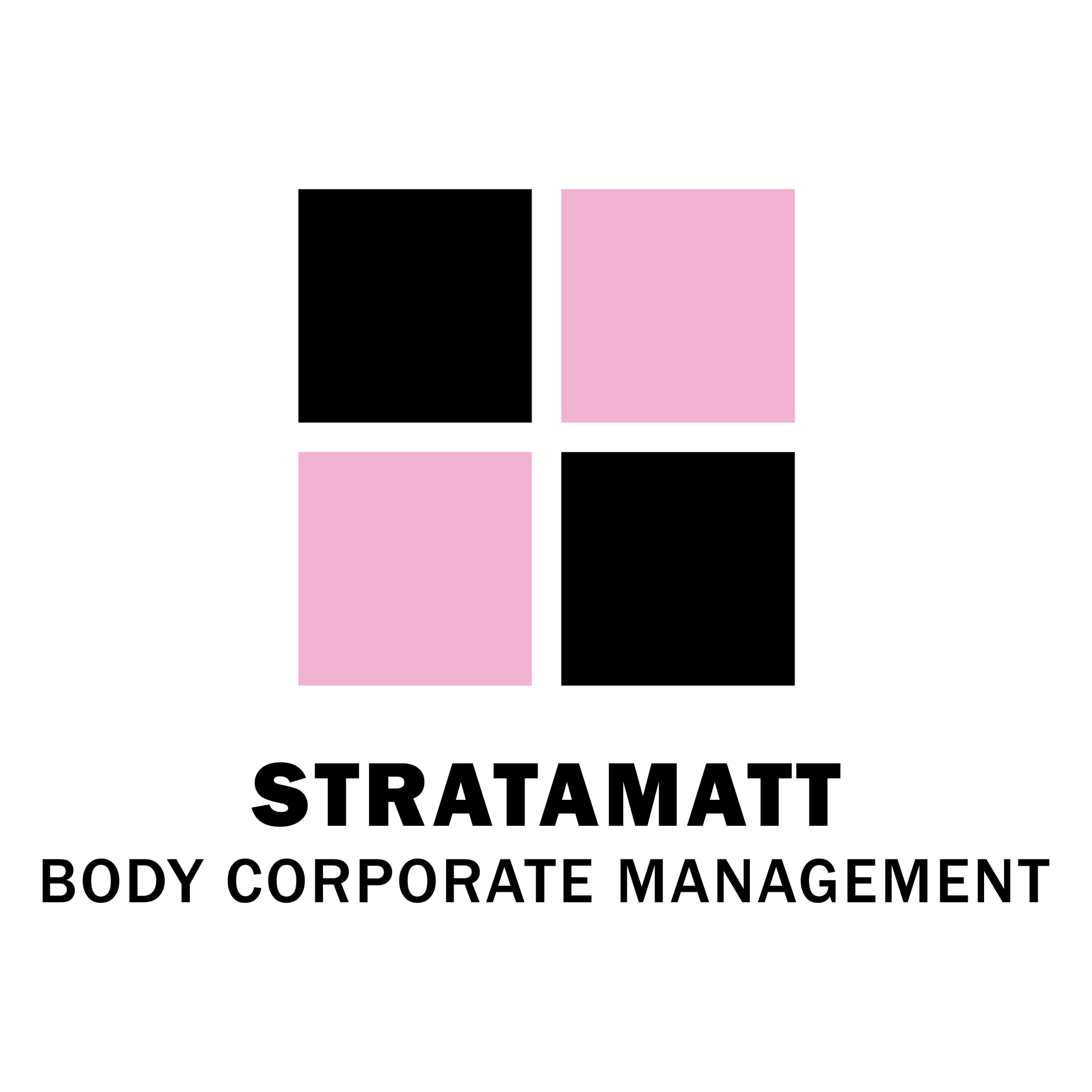 Brand graphic with alternating black and pink squares above the bold word STRATAMATE and the subtitle BODY CORPORATE MANAGEMENT.